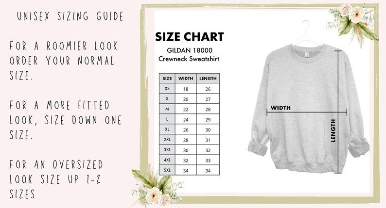 May include: Unisex sizing guide for a Gildan 18000 crewneck sweatshirt. The chart shows the width and length in inches for sizes XS to 5XL.