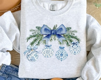 Blue Chinoserie Coquette Christmas Sweatshirt,Cute Blue Toile Christmas Sweater,Winter Sweater for Women,Christmas Gift,Blue Holiday Sweater