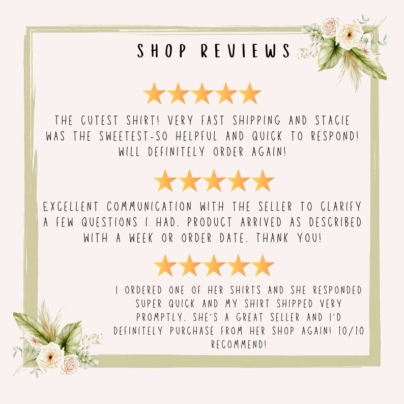 Peut inclure: Cinq &eacute;toiles pour une boutique vendant des chemises. Les commentaires mettent en avant la rapidit&eacute; de livraison, l'excellente communication et une exp&eacute;rience client positive. Le texte dit : "Le t-shirt le plus mignon ! Livraison tr&egrave;s rapide et Stacie &eacute;tait adorable, tr&egrave;s serviable et a r&eacute;pondu rapidement ! Je commanderai &agrave; nouveau sans h&eacute;siter !"  "Excellente communication avec le vendeur pour clarifier quelques questions que j'avais. Le produit est arriv&eacute; comme d&eacute;crit dans un d&eacute;lai d'une semaine &agrave; compter de la date de commande. Merci !"  "J'ai command&eacute; l'un de ses chemises et elle a r&eacute;pondu tr&egrave;s rapidement et ma chemise a &eacute;t&eacute; exp&eacute;di&eacute;e tr&egrave;s rapidement. C'est une excellente vendeuse et je rach&egrave;terai certainement dans sa boutique ! 10/10 recommand&eacute; !"