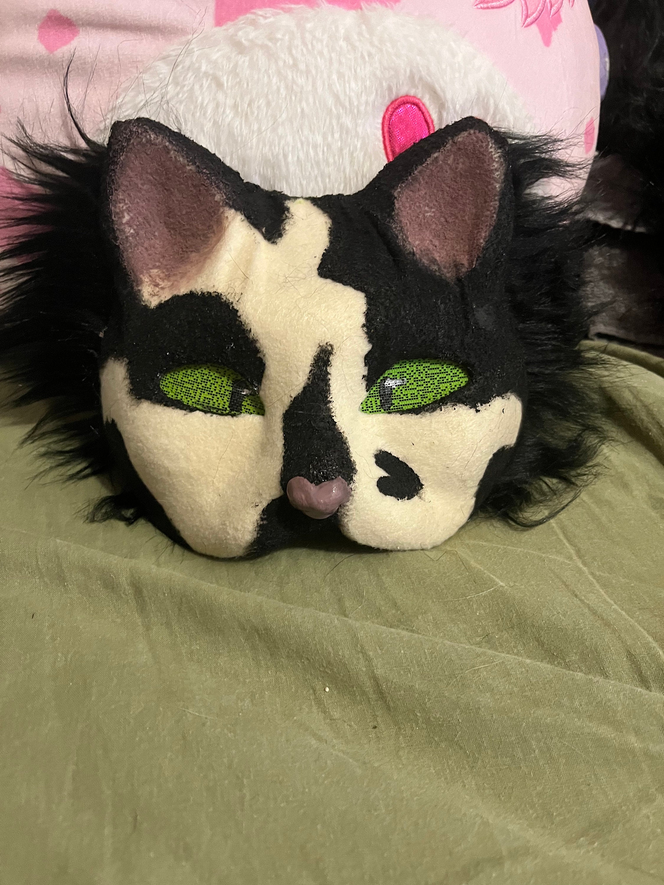 Fluffy Black and White Cat Therian Mask