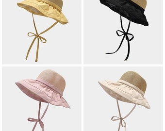 Chapeau de paille à large bord pour femmes, Protection UV, cordes de plage d'été, casquette solaire pliable