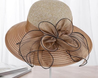 New Large Wide Brim Hats Organza Flower Sun Hats Ladies Kentucky Derby Wedding Party Dress Floppy Summer Hats for women