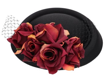 Sombrero de velo tocado con clip para el cabello de malla de satén cilíndrico para mujer