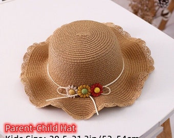 1x chapeau de paille à fleurs Parent-enfant, casquette de soleil à large bord, assorti à la famille, été