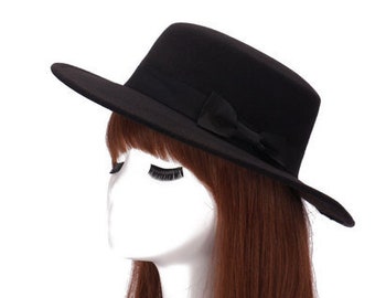 Brand New Wool Boater Flat Top Hat For Women Felt Wide Brim Hat Top Hat