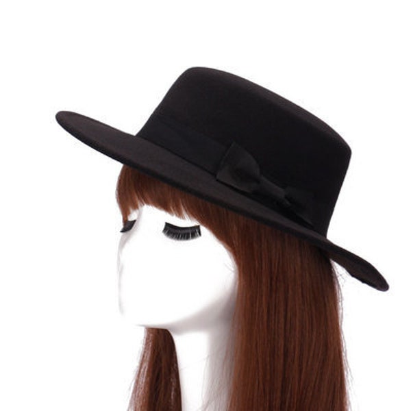 Nuevo sombrero de copa plana Boater de lana para mujer, sombrero de ala ancha de fieltro, sombrero de copa