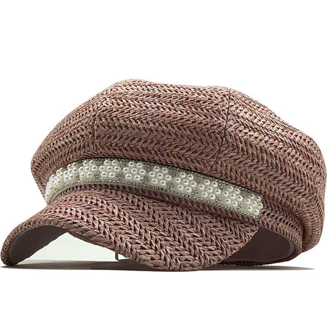 New Women's Hats Raffia Straw Newsboy Caps Chain Flat Top Peaked Cap