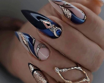 Blue & Black Gold | Press On | Nails Art