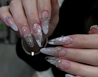 Flowers White Strass | Press On | Nails Art