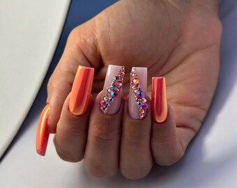 Nails Orange Strass Chrome