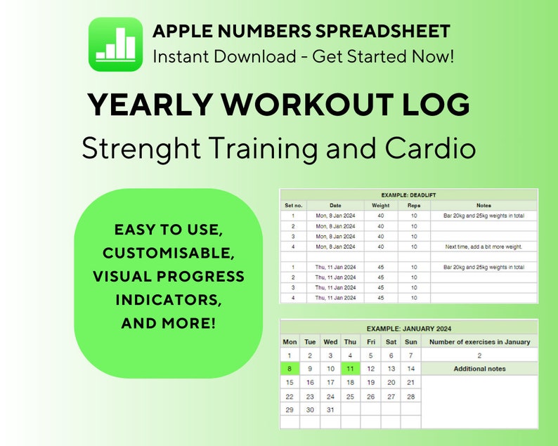Yearly Workout Log for Apple Numbers App, Digital Exercise Tracker