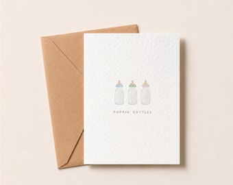 Baby Shower Card – Poppin’ Bottles, Hammered Cardstock, Blank Inside