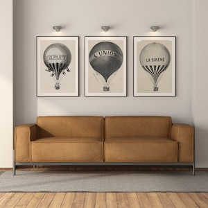 Arte de parede antiga do trio de balão de ar quente | Impressão de balão, impressões antigas, arte vintage, arte de parede, impressão de berçário, arte de parede para impressão
