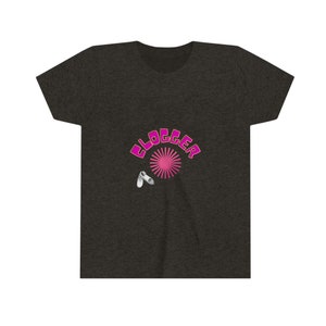 May include: Dark heather grey t-shirt featuring a pink and yellow graphic of a clog with the word "CLOGGER" above it.