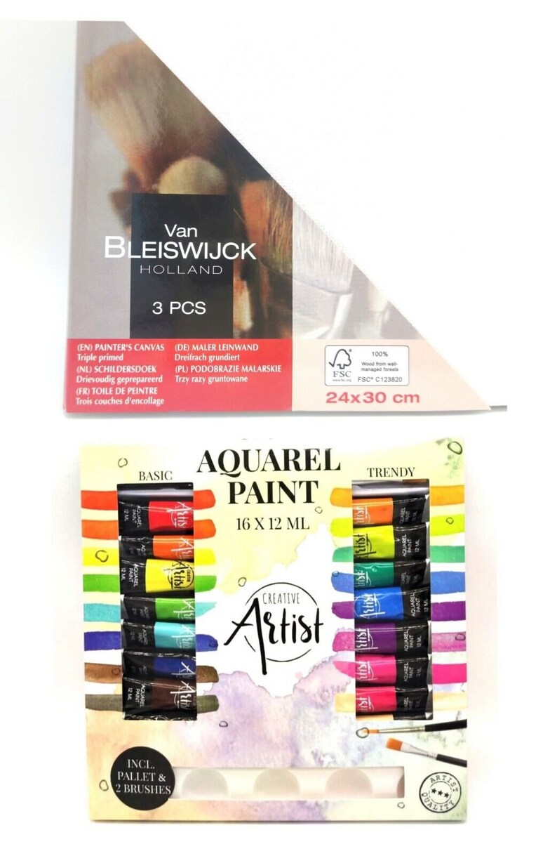 Aquarell Wasserfarben Set 16 Farben 3 Stück Malkarton 24x30 cm Canvas Leinwand 2 Aquarell Pinsel Bild 7