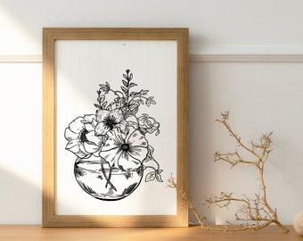 PRINTABLE | flower black ink line drawing, Botanical line art, minimalist floral wall art, floral modern black and white home decor