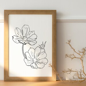 Printable One Fine Line Flowers Drawing, Minimalist Print, Flourishing Bloom Contour Sketch, Subtle Flowering Floral Artwork.