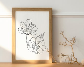 Printable One Fine Line Flowers Drawing, Minimalist Print, Flourishing Bloom Contour Sketch, Subtle Flowering Floral Artwork.