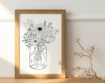 PRINTABLE | Mason Jar Bouquet 2.0 Line Art, Floral Line Art, Sketch Art flowers