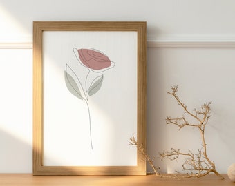 Printable One Fine Line Flowers Drawing, Minimalist Print, Flourishing Bloom Contour Sketch, Subtle Flowering Floral Artwork.