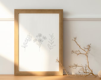 Printable One Fine Line Flowers Drawing, Minimalist Blossom Print, Flourishing Bloom Contour Sketch, Subtle Flowering Floral Artwork.