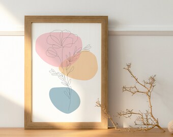 Printable Floral One Line Drawing, Abstract Minimalist Art, Thin White Print, Pink Flower Wall Prints, Botanic Poster, Bloom Lines Artwork