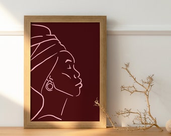 Black Woman Portrait Line Drawing, African American Woman Line Art, Art Print, Headwrap, Minimalist Printable Wall Art, DIGITAL DOWNLOAD