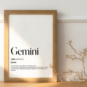 Gemini Definition | Zodiac Poster Gift | Astrology Wall Decor | Gift For Geminis | Zodiac Print | Astrology Birthday Gift | Gemini Poster