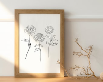 Wild Flowers One line Drawing, Printable Flowers printable wall art, Floral print, Minimalist Poster Botanical, Neutral Wall Art, Floral art