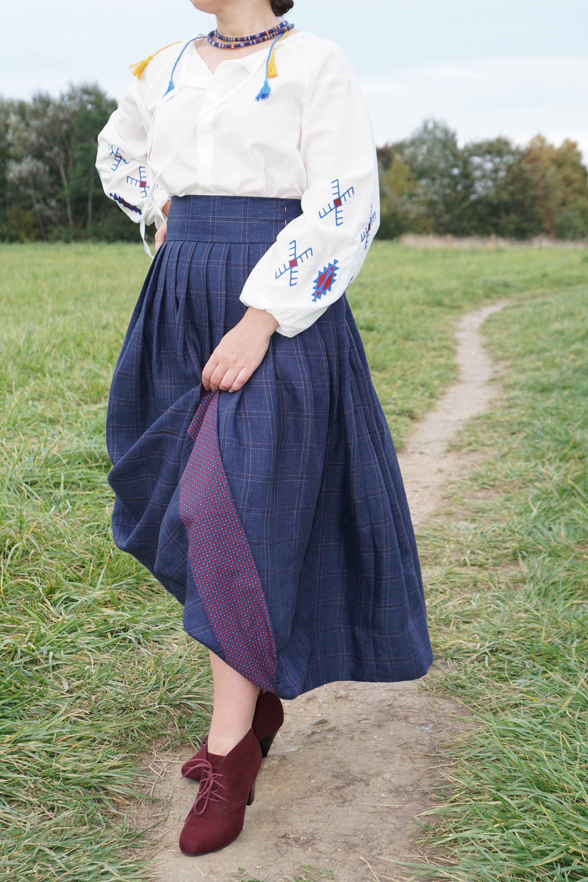 Long Linen skirt Blue colour Checkered Skirt from Ukraine Ethnic style Retro Midi Cottage core Renaissance Boho style Origin Gift for Women