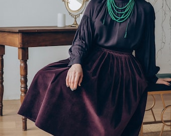Purple Velvet Skirt Cotton Velvet Midi Skirt Deep Purple Skirt for Women Elegant Boho Clothing Handmade Bohemian Velvet Special Occasion