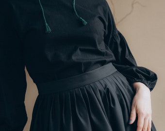 Long black wool skirt Hight waisted Ethnic style Midi Cottagecore Renaissance Edwardian Traditional Ukrainian Folded skirt Gift for Women