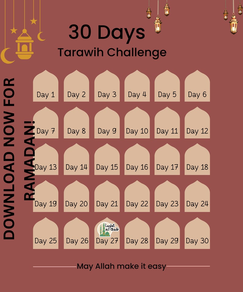 30 Days Tarawih Challenge for Ramadan, Ramadan CalendAr, Ramadan prayer, Ramadan mubarak, Ramadan planner, Prayer planner, Ramadan SVG image 1