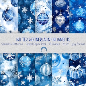 Puede incluir: Un paquete de papel digital con 18 patrones sin costuras que presentan adornos, copos de nieve y estrellas azules y blancos en acuarela. Los patrones son perfectos para crear manualidades navideñas, scrapbooking y diseños digitales.