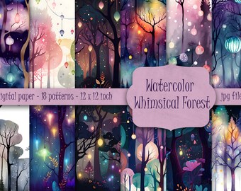 Whimsical forest paper, printable paper, Whimsical forest background, Soft Colors, Dreamy, Whimsical forest, wallpaper, digital paper