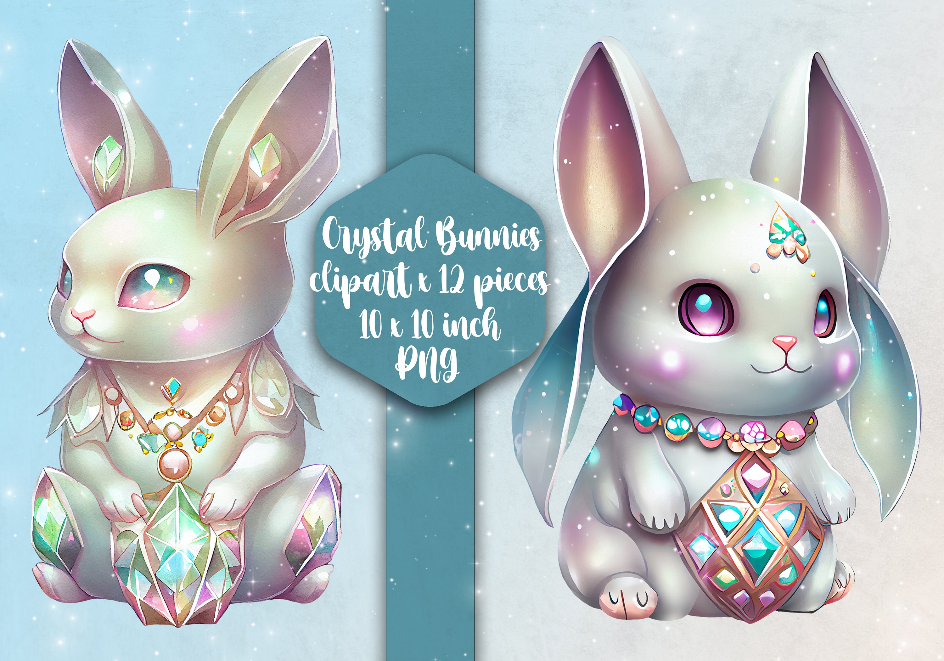 Watercolor Marble Bunnies with Jewels PNG, Bunny Clipart, Digital Scrapbook, Spring, Easter Bunny Png, Adorable Bunnies clipart