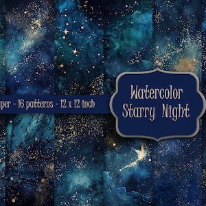 Starry Night Digital Paper, Dark Blue Watercolor Texture, Night Sky Texture Background, Galaxy Scrapbook Pape, blue and gold