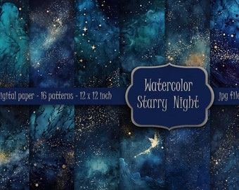 Starry Night Digital Paper, Dark Blue Watercolor Texture, Night Sky Texture Background, Galaxy Scrapbook Pape, blue and gold