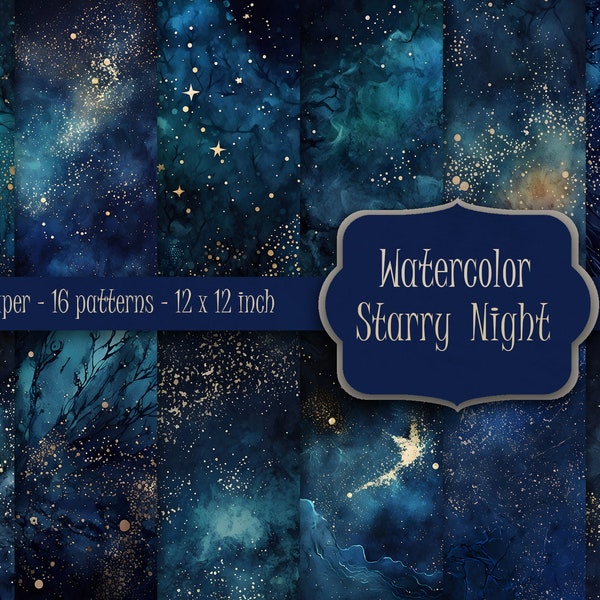 Starry Night Digital Paper, Dark Blue Watercolor Texture, Night Sky Texture Background, Galaxy Scrapbook Pape, blue and gold