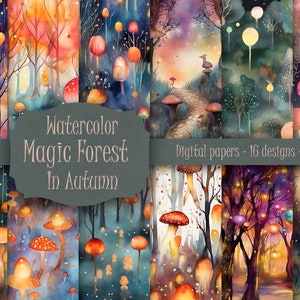 Magischer Herbstwald Aquarellpapier, bedruckbares Papier, Waldhintergrund, sanfte Farben, verträumt, wunderlicher Wald, Tapete, digitales Papier