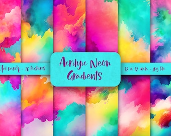 Neon watercolor digital paper, neon gradient wallpaper, neon gradient, neon rainbow paper, neon colored background