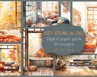 May include: A digital paper pack with 20 images of cozy rooms decorated for fall. The images feature windows with views of autumn foliage, fireplaces, couches, and other fall-themed decor. The images are 12 inches by 12 inches and are in jpeg format.
