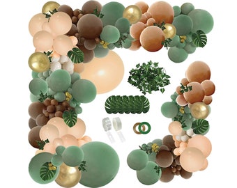 142PCS Sage Green Brown Balloon Garland Kit, Jungle Safari Wild One Balloon Arch, Olive Green Gold Brown Balloons for Birthday Baby Shower