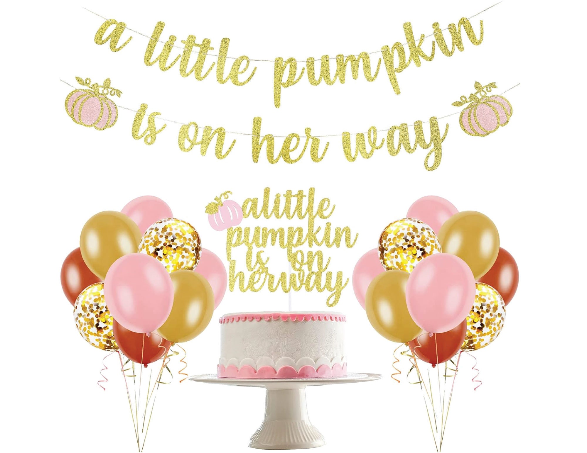 Little Pumpkin Baby Shower Decorations Pink Gold Glitter A Little Pumpkin is On Her Way Banner Little Pumpkin Cake Topper
