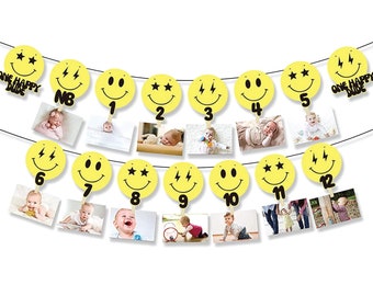 One Happy Dude Monthly Photo Banner Smiley Face 1st Birthday Monthly Banner Baby Boy 12 Month Photo Milestone Photography Garland