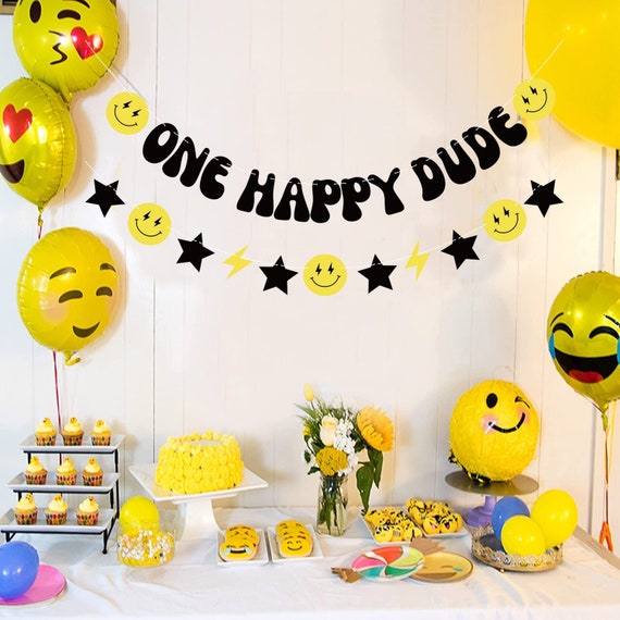 One Happy Dude 1st Birthday Decorations Black Yellow Smile Face Lightning Star Checkered Circle Dot Smiley Face Garland Streamer For Baby