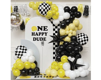 One Happy Dude Balloon Garland Arch Kit 148pcs, Black and Yellow Checker Balloon Arch Check Pattern One Happy Dude Balloon Decorations
