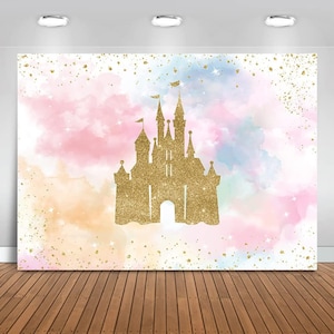 Princess Castle Birthday Backdrop Banner Watercolor Pastel Rainbow Pink Gold Castle Princess Birthday Party Decoration