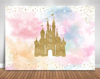 Princess Castle Birthday Backdrop Banner Watercolor Pastel Rainbow Pink Gold Castle Princess Birthday Party Decoration