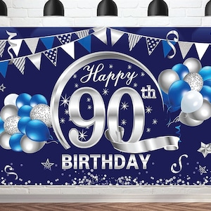 90th Birthday Banner Backdrop Decorations Men Women Blue Silver Happy 90 Year Old Birthday Decor Photo Booth Props 90th Party Supplies